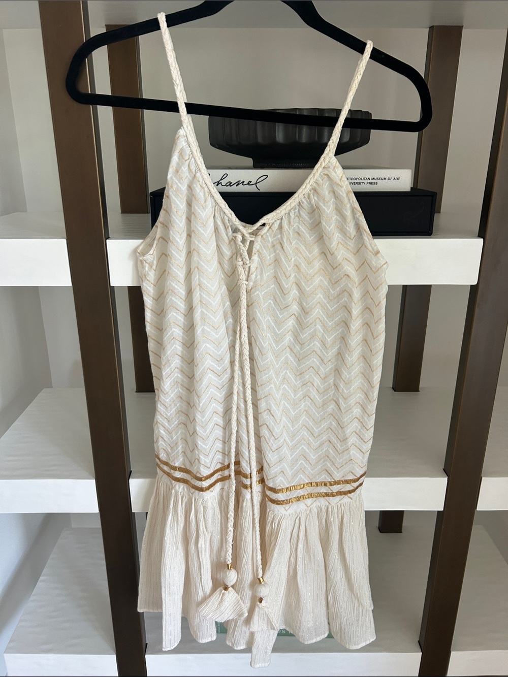 Ramy Brook Cream Chevron Tie-Front Swim Coverup with Gold Trim